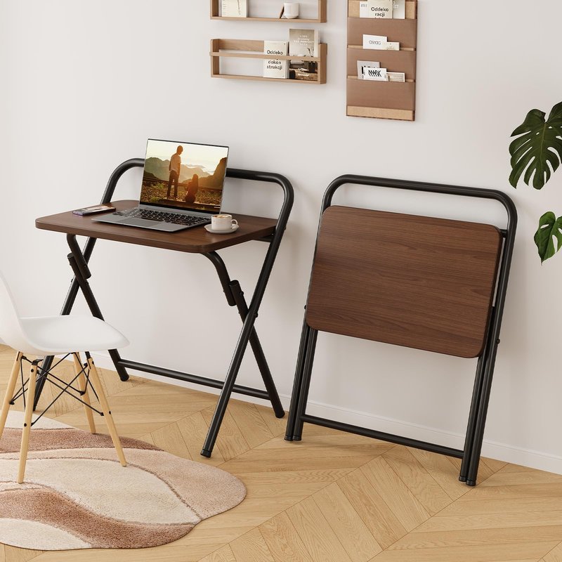 Aivernses Folding Table, Small Computer Desk, Foldable Desk for Bedroom, Mini Desk for Home Office&Study, 24x16 Inches, No Assembly Required, Wood Top with Metal Frame, Dark Brown