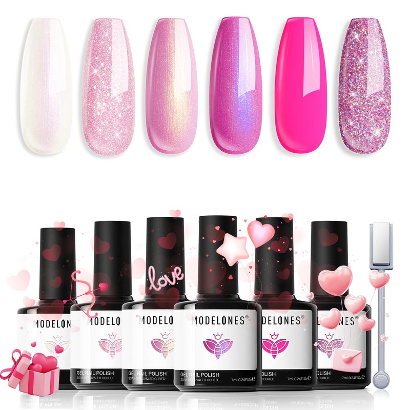 Modelones Pink Glitter Gel Nail Polish Set - 6 Sparkling Shades for Valentine's Day | Shimmer Cat Eye Finish