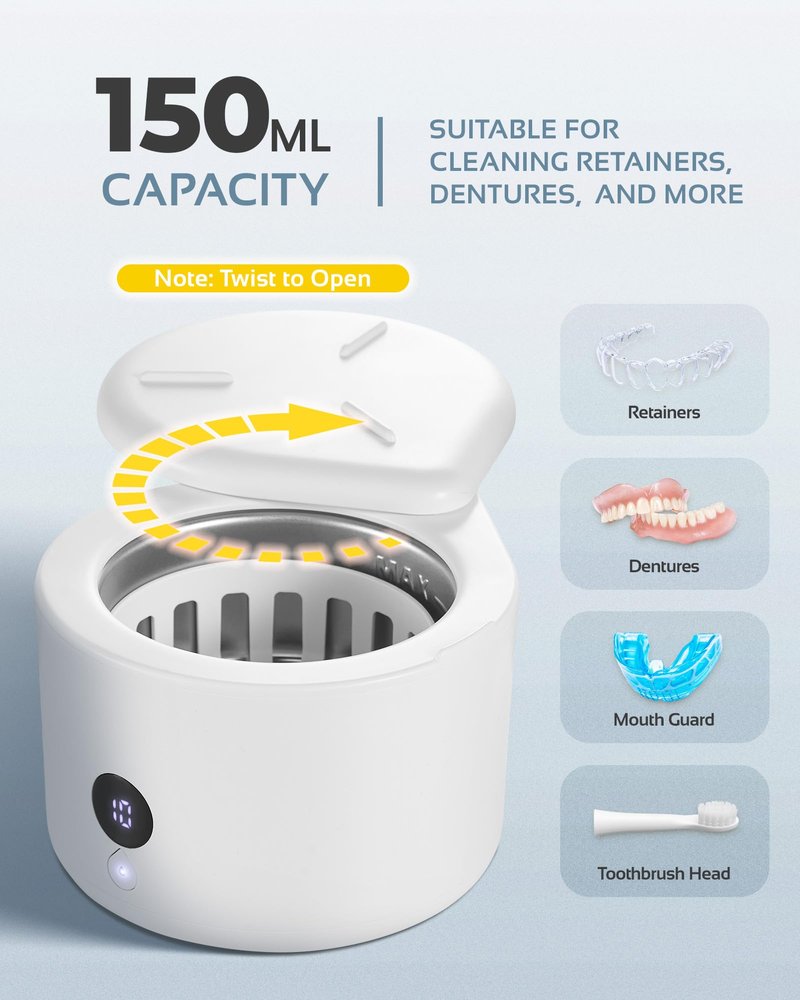 Joynox 45khz Ultrasonic Denture Cleaner Machine, Dental Cleaning Pod with 4 Timed Cleaning Modes & Digital Timer, Mouthguard Cleaner for Dentures, Aligners, Mouth Guards, Night Guards