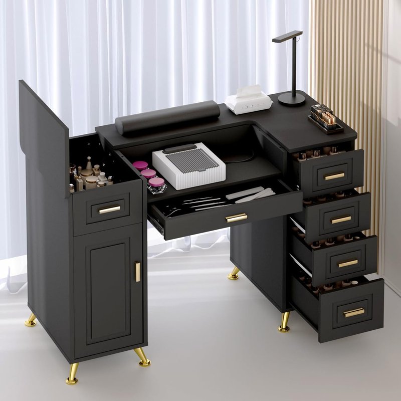 Manicure Table with Removable Panel, Nail Tech Desk with Dust Collector, Drawers & Storage, Nail Station for Salon or Home Studio (Black)