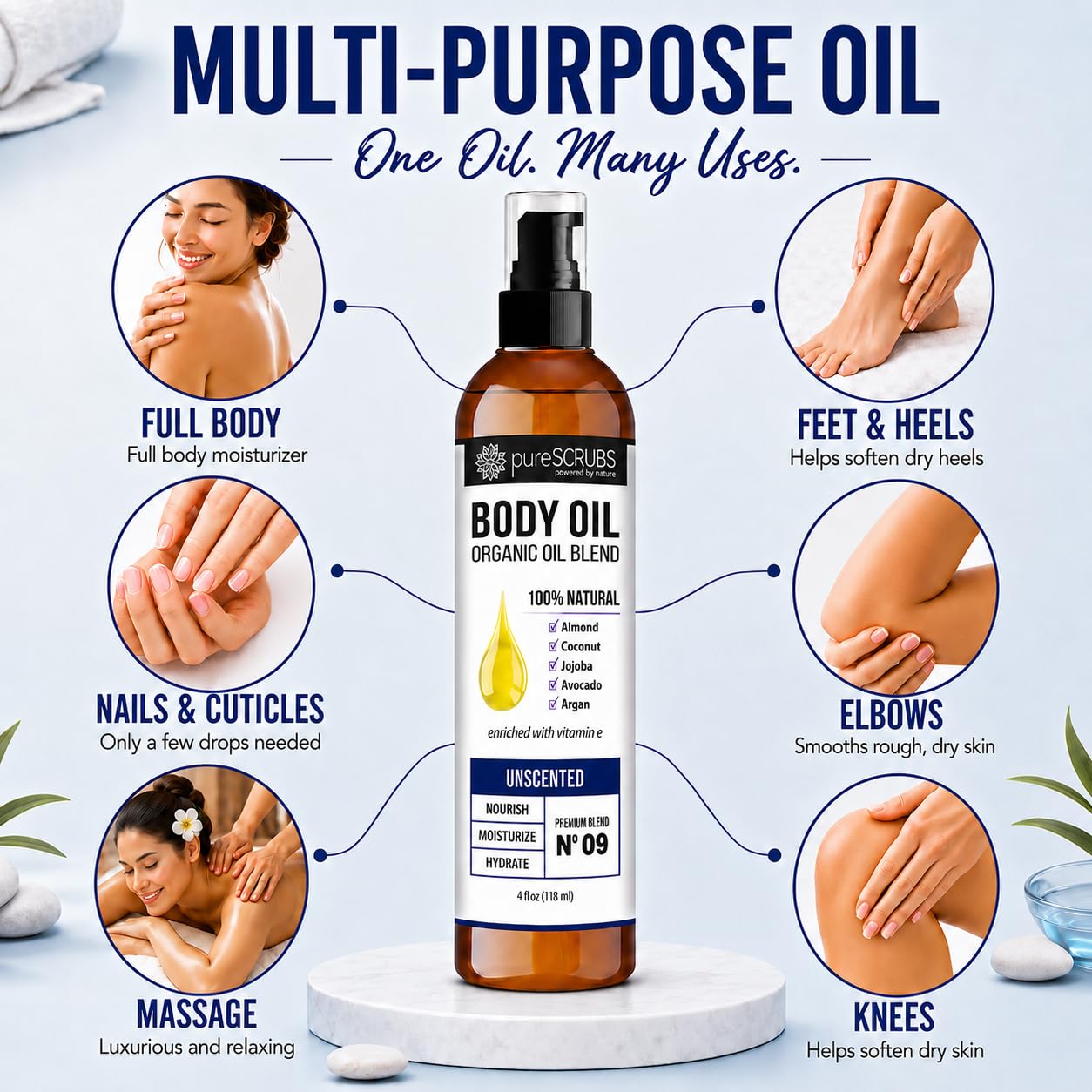pureSCRUBS Ultra Moisturizing Unscented Body Oil for Dry Skin, Lightweight Full Body Moisturizer for Soft, Silky Skin, Massage & Cuticle Oil, Vitamin E Enriched, 4 oz