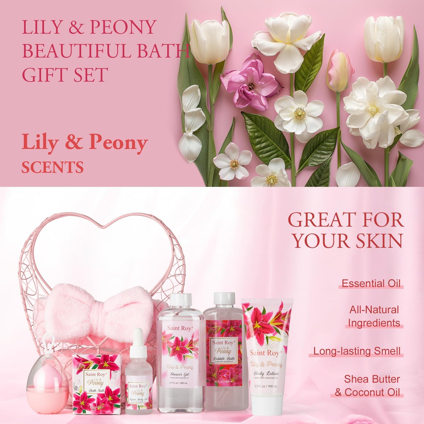 Spa Gift Basket Gifts for Mom Gifts Basket Christmas Gifts for Women Spa Set Lily & Peony Home Spa Set, Beauty Personal Care Set Jojoba Oil, Spa Self Care Kit, Bath Body For Thank You, Birthday