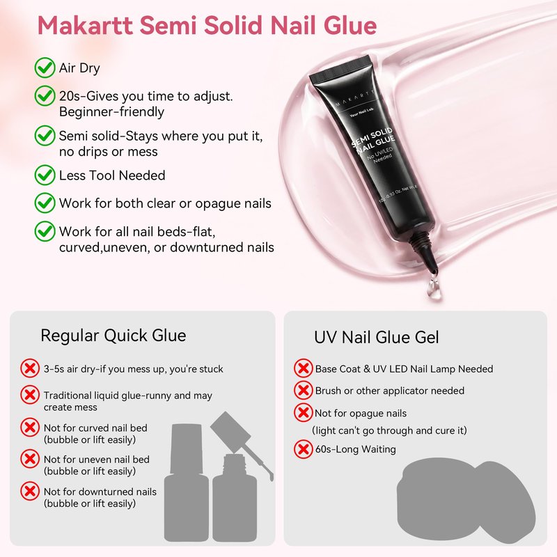 Makartt Press On Nail Glue: No UV Lamp Needed, 20s Air Dry Adjustable for Beginners, Strong Hold, Semi-Solid Precise Control, Easy for Press-On Users At-Home DIY, Hema-Free for Sensitive Nails 10ml*2