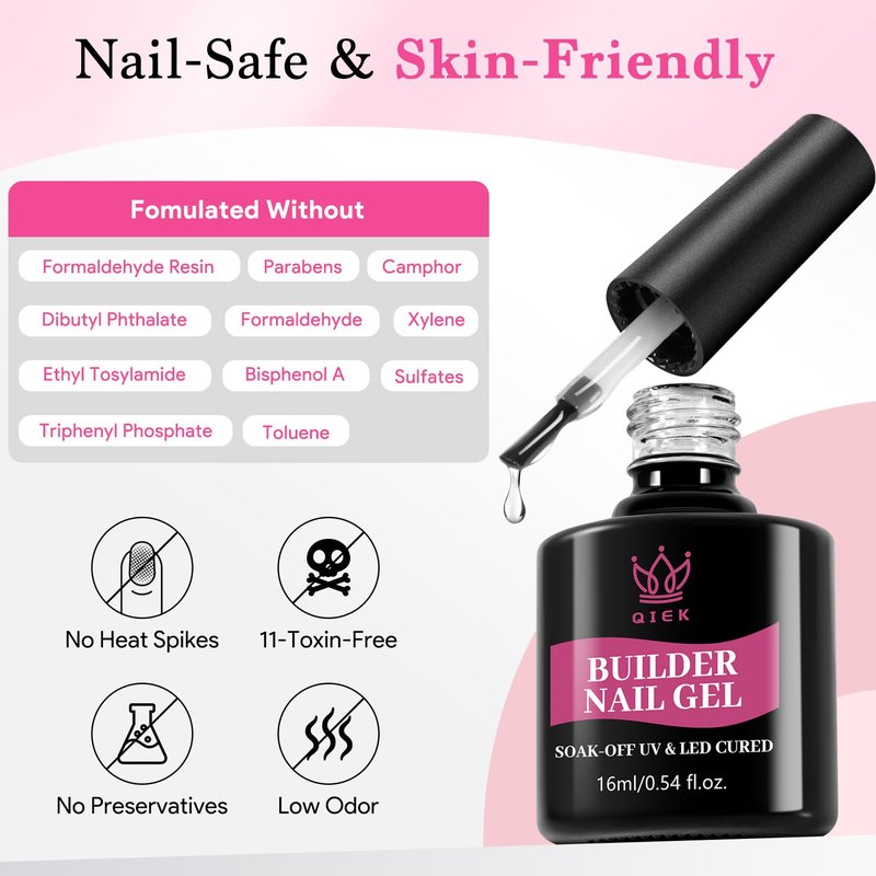 Builder Nail Gel, 7-in-One Builder for Nails Crystal Clear Strengthener Glue Apex Enhancement Extension Hard Building Gel LED Lamp Cured Rubber Base Coat for DIY Beginners& Salon Manicure 0.54 OZ