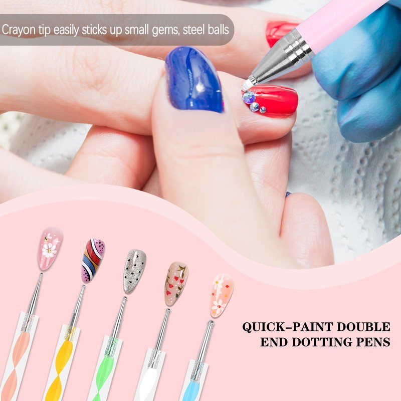 Ruetail Wax Pencil for Rhinestones, Upgraded Rhinestones Applicator Gem Crystals Picker Tool, Super Sticky Rhinestone Tool with 5Pcs Dual-ended Dotting Pens for Nail Art DIY Decoration (Pink)