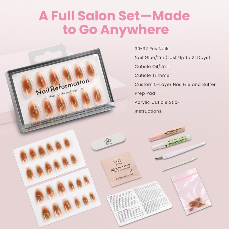 Nail Reformation Press On Nails, Rose Gold Foil Medium Almond Fake Nails in Brown Blush Shimmer with Glossy Finish, Reusable Stick On False Nails in 15 Sizes - 30 Nail Kit with Glue, Gifts for Women
