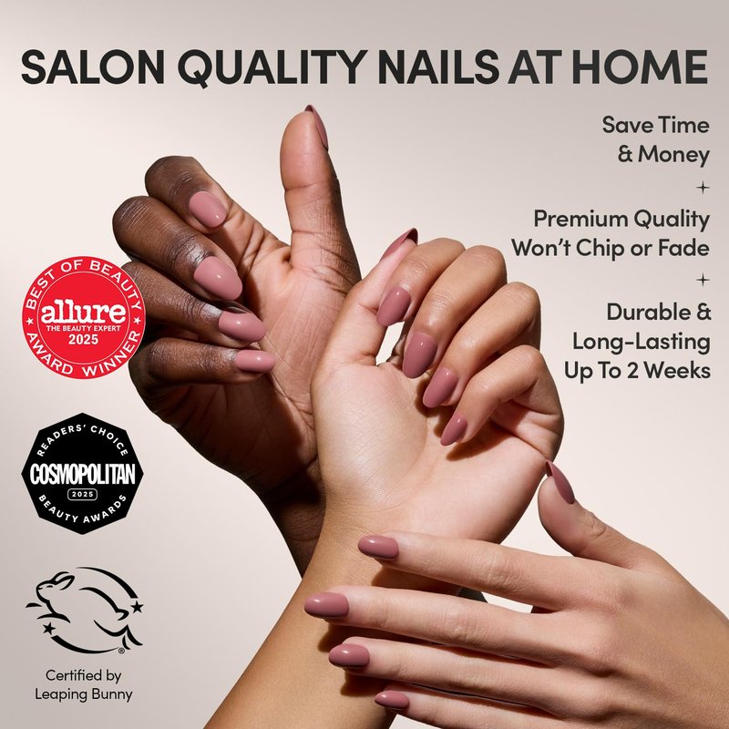 Glamnetic Press On Nails - Fall Mauve | Opaque Muted Blush Mauve Short Oval Fake Nails, Salon Quality | 15 Sizes - 30 Nail Kit with Glue