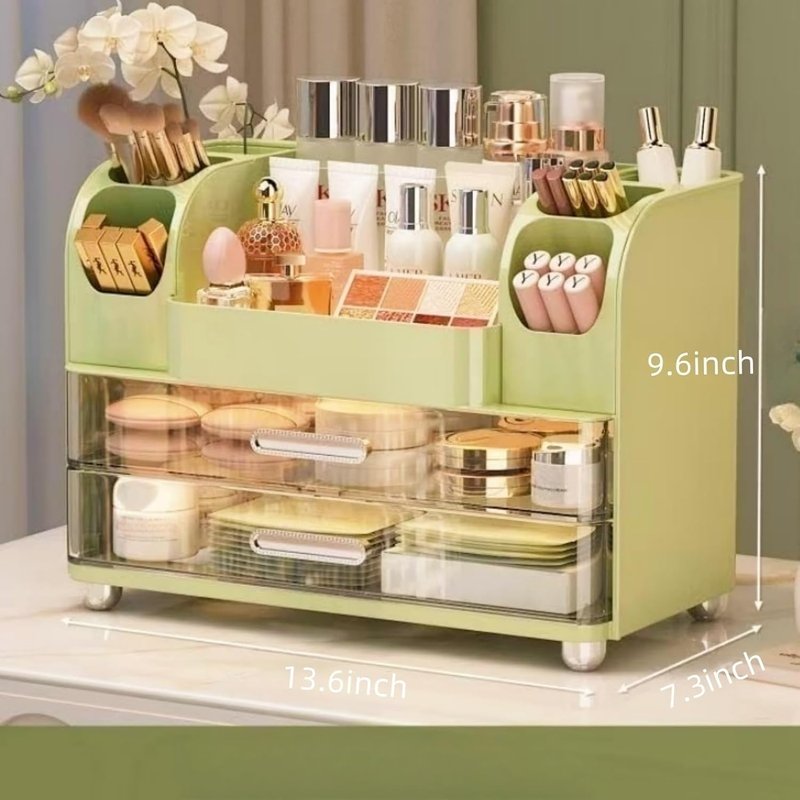 Makeup Organizer with Drawers - Vanity & Bathroom Countertop Storage for Brushes, Skincare & Cosmetics | Green