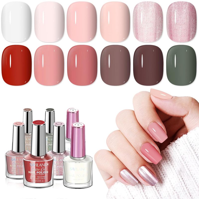 SAVILAND Pink Nail Polish Set - Quick Dry 12 Colors with Castor Oil Base & Top Coat | DIY Art Kit
