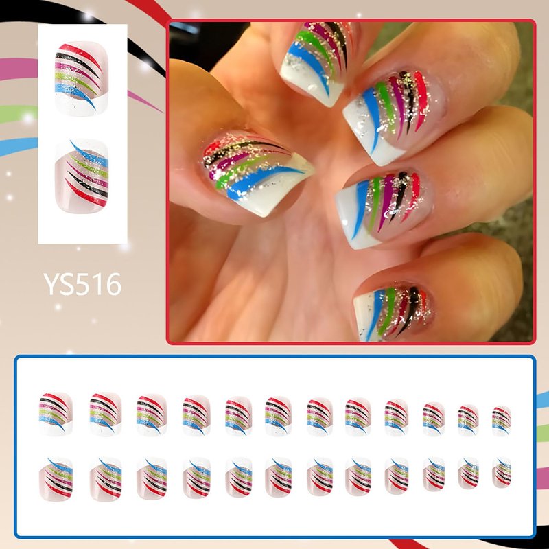 FIEONCIY Press on Nails Square Short Length Glossy Full Cover Acrylic Short Square Shaped False Nails with Designs Artificial Fake Nails Glue ons Fingernails for Women Girls(YS516)