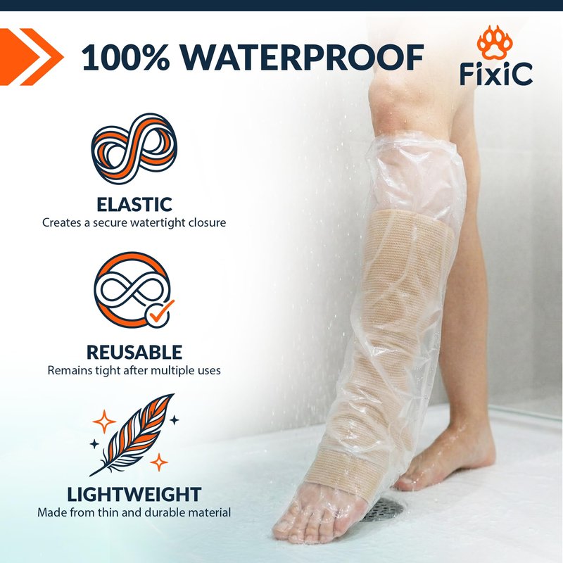 Fixic Cast Covers for Shower Leg 2 PCS - 100% Waterproof Cast Cover Bags for Showering - 28" Reusable Cast Protector for Shower Leg Adult - Plastic Seal Tight Foot Sleeve for Bandage & Wound!