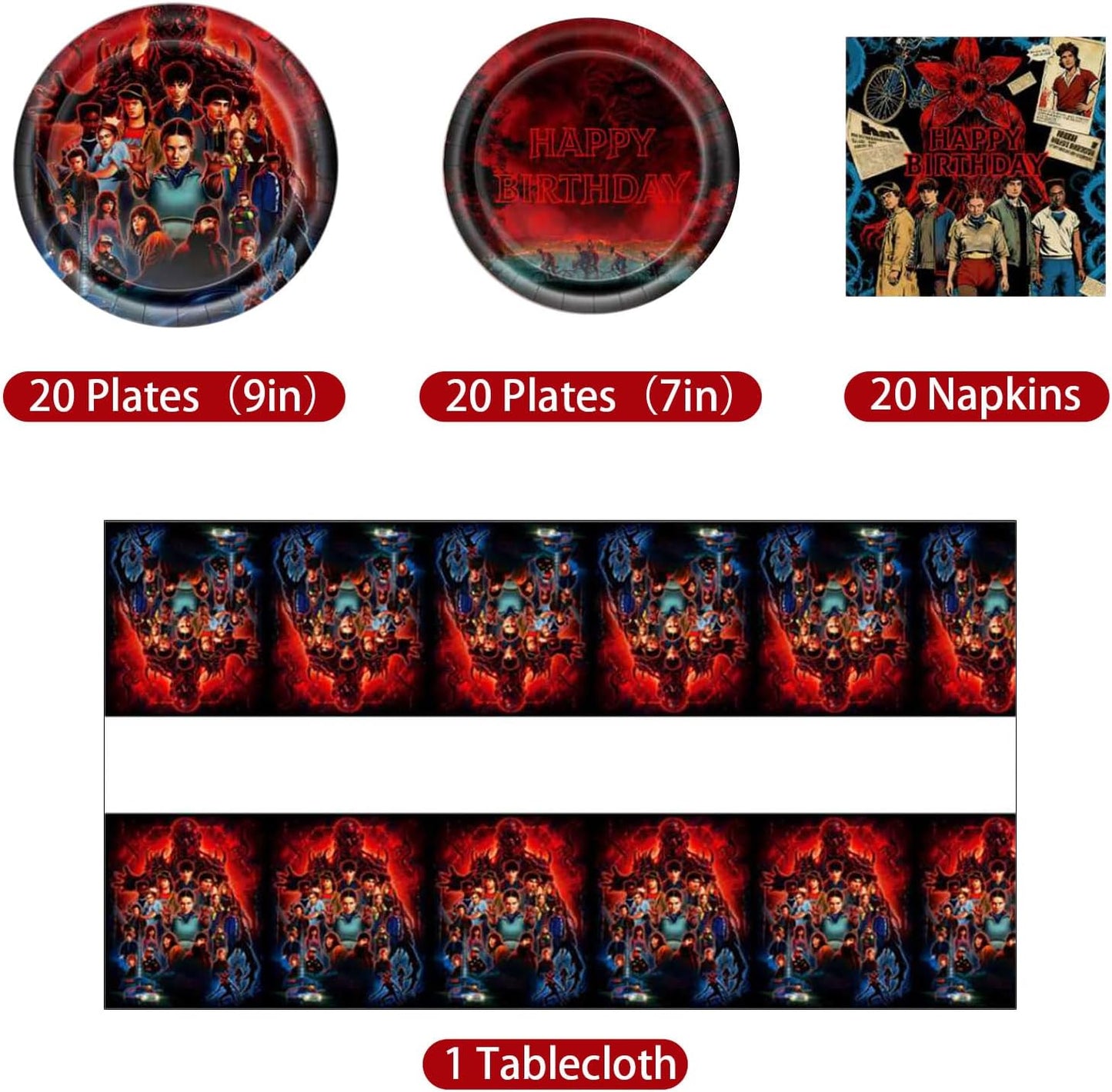 Stranger Things 61-Piece Tableware Set - Movie Theme Birthday Party Decorations for 20 Guests