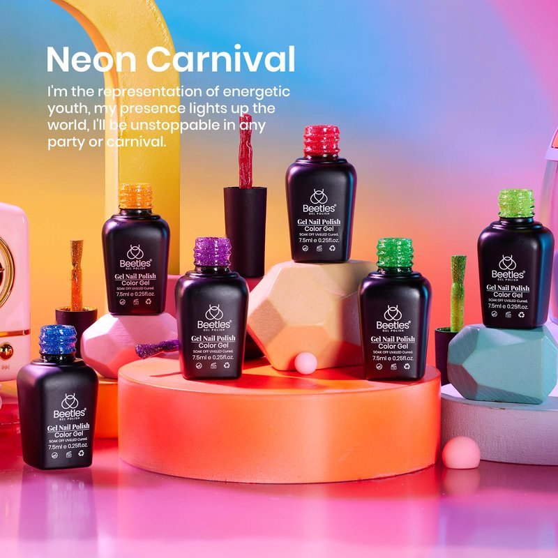 beetles Glitter Gel Nail Polish Set - Neon Carnival Reflective Summer Gel Polish, 6 Colors Pink Green Purple Blue Bright Sparkly Gel Nails Soak Off Uv Led Salon Gift for Women