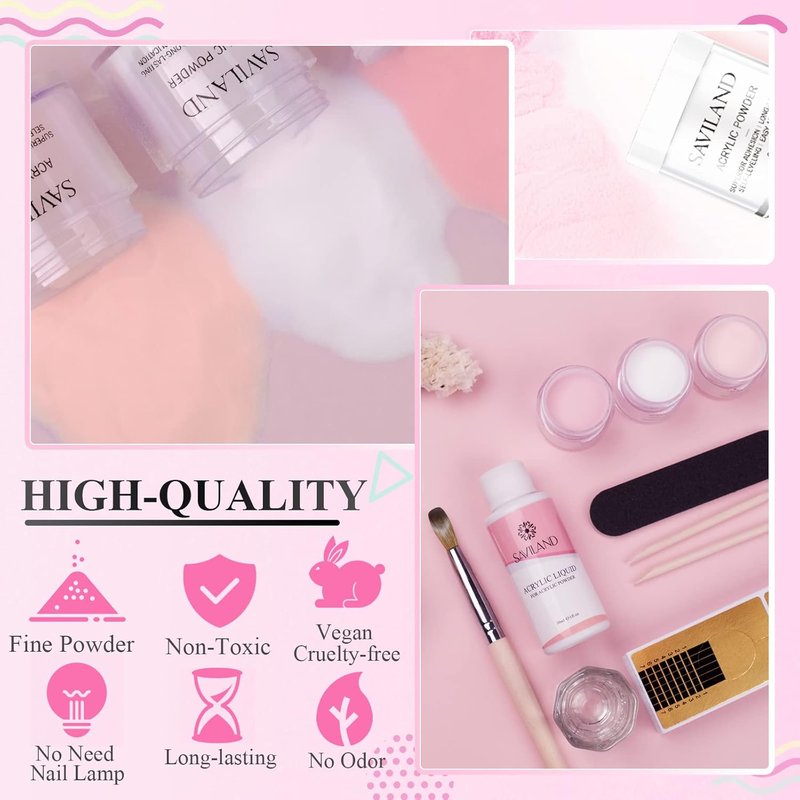 Acrylic Nail Starter Kit - Clear Pink Nude Powder & Liquid, Brush, Files | Home Practice Set