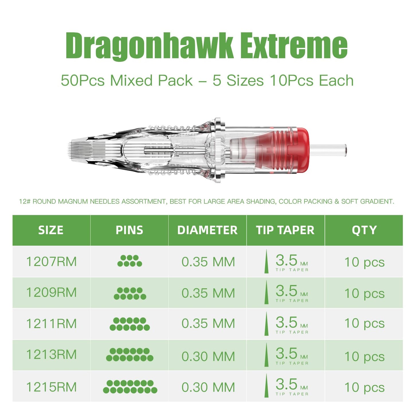 Dragonhawk Extreme 50Pcs Tattoo Cartridge Needles - #12 Standard Round Magnum Shading Set (7RM 9RM 11RM 13RM 15RM) for Color Packing, B&G; Work and Shading - Compatible with Most Rotary Machines