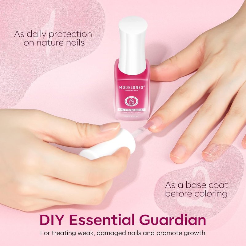 Modelones Nail Strengthener for Thin Nails and Growth, Treatment Repair Damaged Nails, Hardener Extra Strong Nail Care Quick Dry Base Coat Nail Polish, 0.5 oz, 1-Pack