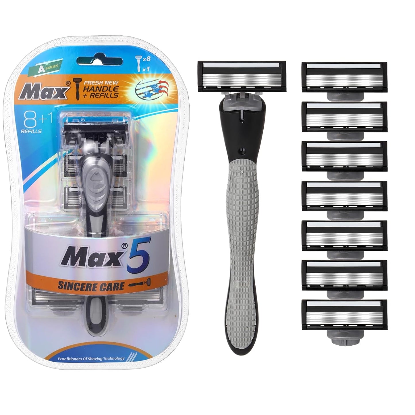 Skiennix Men's Razor Kit - 9 Pcs Refillable Shaving Set with 5 Blades for Sensitive Skin | Comfortable Shave