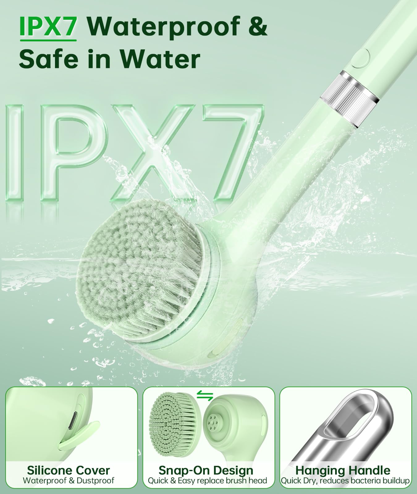 Electric Body Brush Back Scrubber for Shower, Waterproof Long Handle Power Auto Body Scrubber with 5 Heads, 3-Speed Rechargeable Bath Brush for Women, Men, Deep Cleansing, Exfoliating, Massage Skin