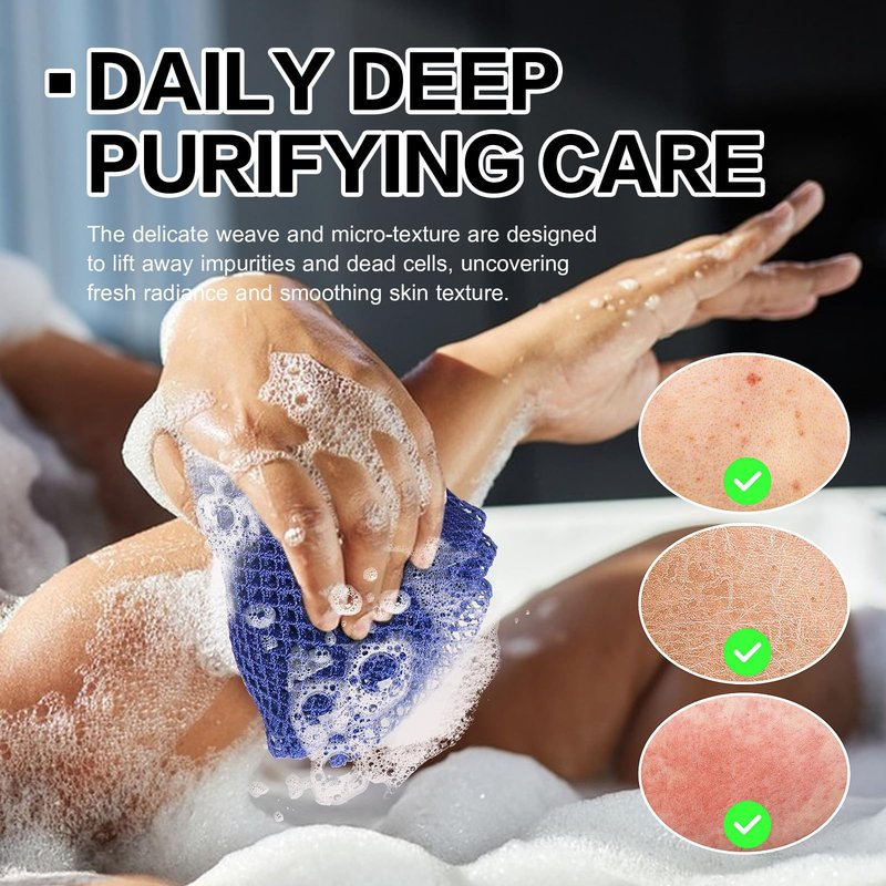 African Net Sponge 2 Pack - Deep Exfoliating Body Scrubber for Back & Full Body Care, Extra Long Loofah Alternative with Soap Bag, Double-Sided Exfoliation for Smooth Skin - Green, Blue & Purple