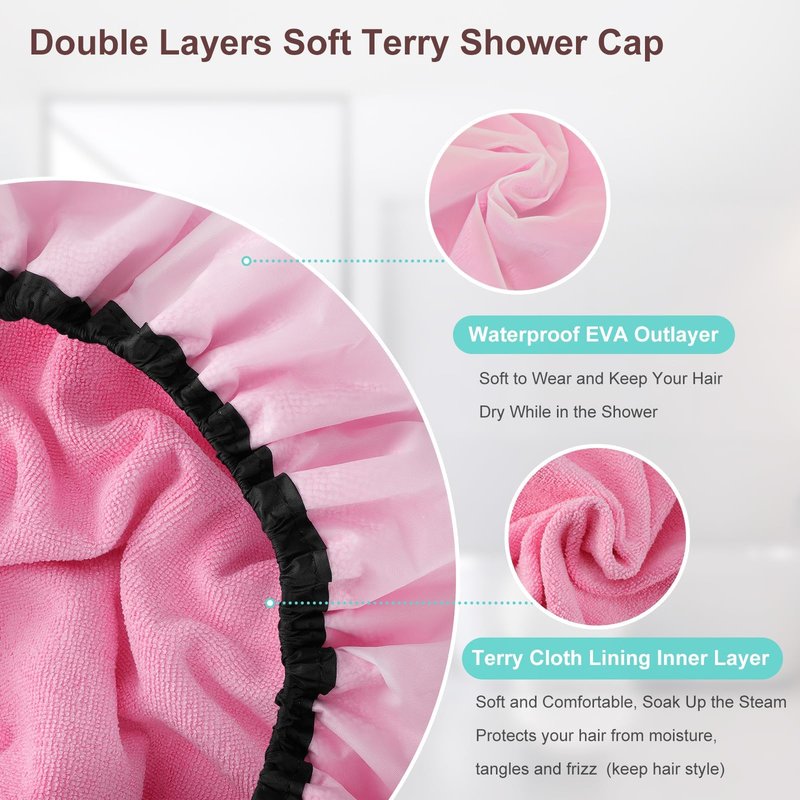 Sheomern 2 Pcs 15" XL Extra Large Terry Lined Shower Cap, Adjustable Dual Waterproof Shower Cap for Women Reusable Soft Hair Cap Bath Cap for Long Braids, Thick Hair, Locs, Curly Hair