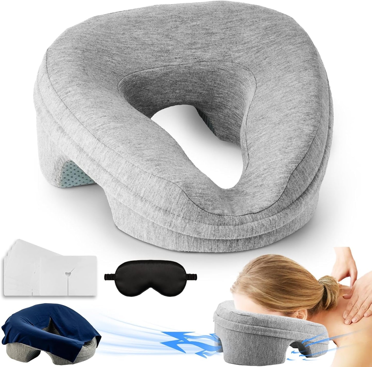 VVB Face Down Pillow - Comfortable Massage Headrest for Stomach Sleeping | Grey with Removable Cover