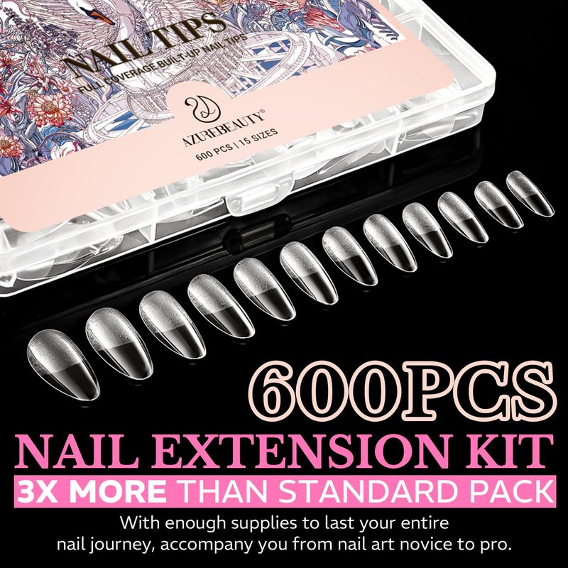 AZUREBEAUTY Medium Almond Nail Tips 600pcs 15 Size, Pre Etched Soft Gel Nail Tips Acrylic Fake Nails Half Matte Full Cover Clear Press On False Nail Extensions for DIY Manicure at Home Nail Art