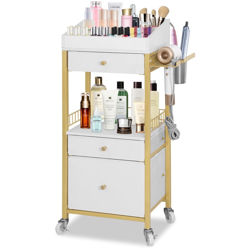 NauwaBarn Makeup Organizer Cart with 3 Drawers, Rolling Vanity Organizer with Adjustable Dividers, Detachable Hair Tool Holder, Lockable Wheels for Small Spaces, Gold & White