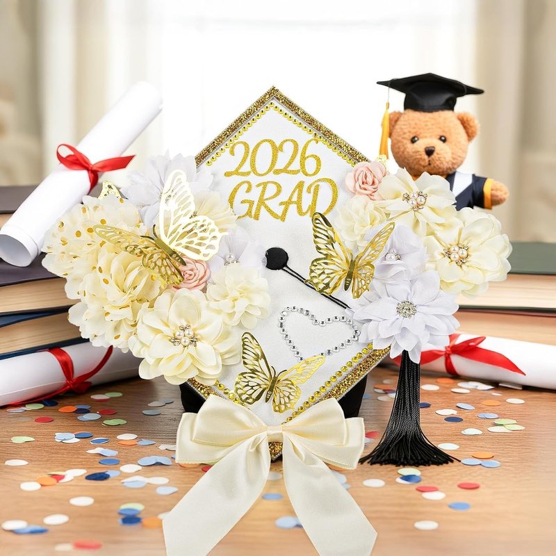 Graduation Cap Decorations Kit 2026 DIY Cap Decorations 36PCS Included Fake Flowers Heads Bow 3D Butterfly Self Adhesive Rhinestones Stickers Alphabet Letter Stickers for Grad Party Decor, White