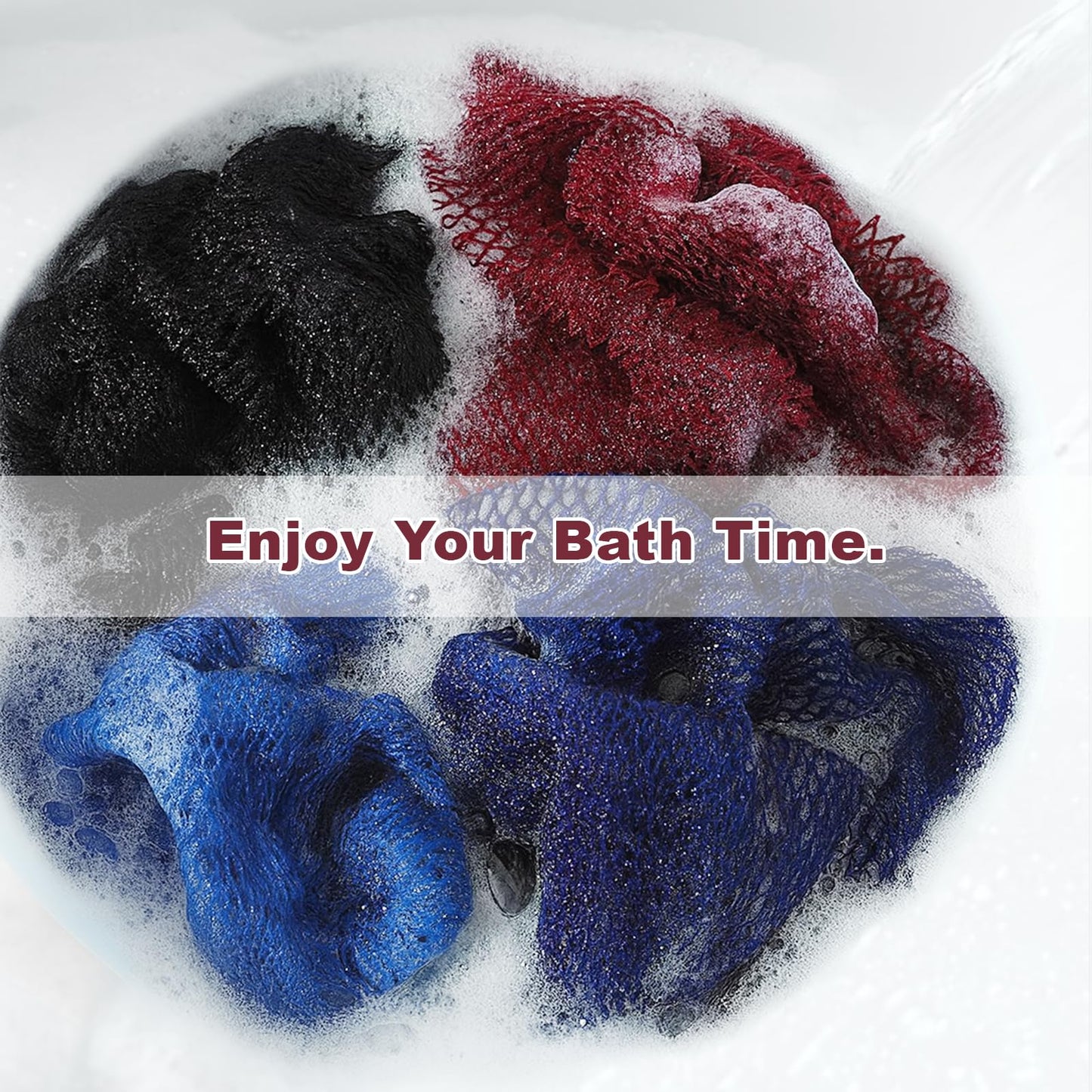 4 Pieces Nylon African Exfoliating Net Sponge, Authentic African Net Sponge for Bath and Shower, Body Scrubber Back Exfoliating Bath Accessories (Black, Dark Blue, Light Blue, Brown)