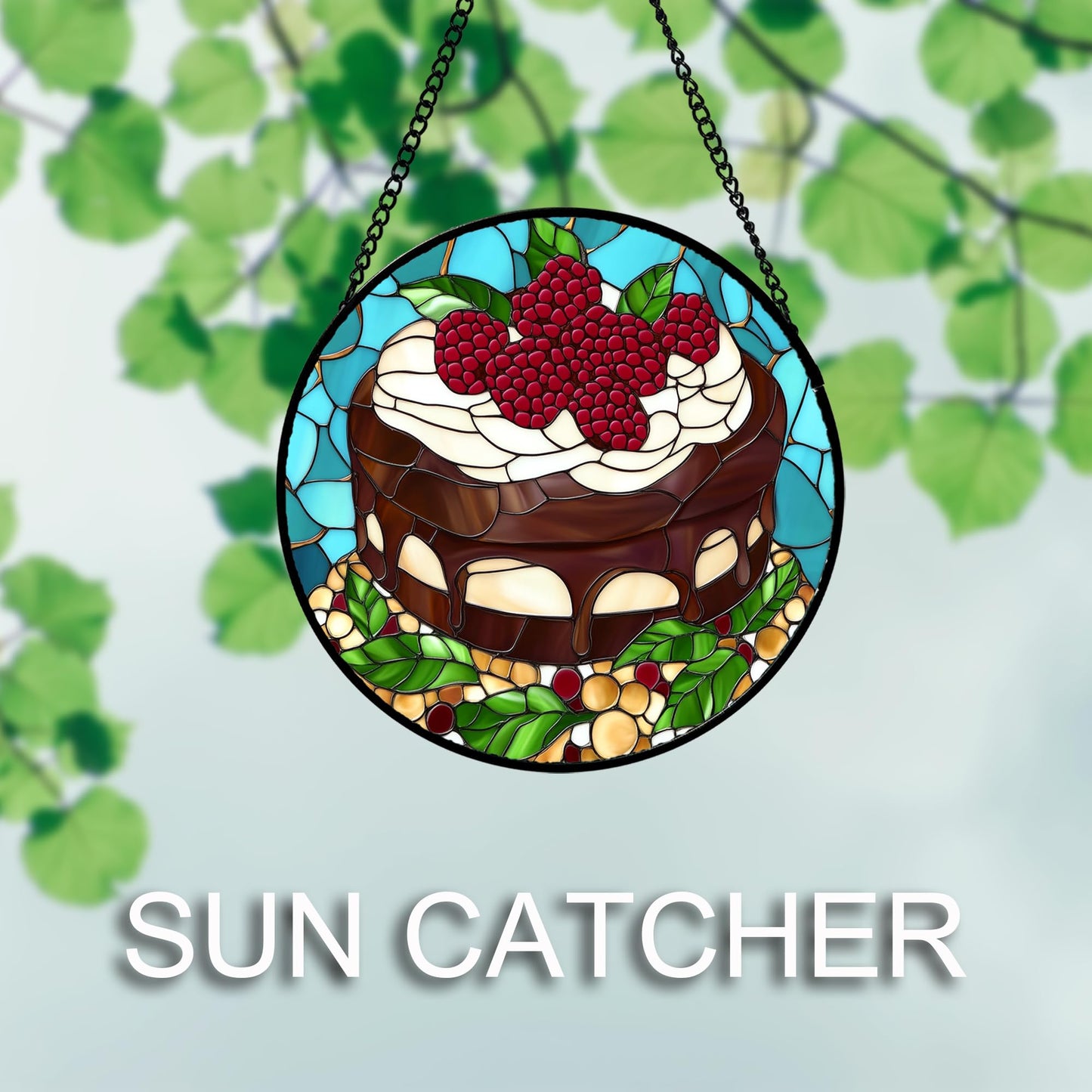 QZQCBLC Stained Glass Window Hanging Raspberry Cake 6.3" - Black Suncatcher Door Garden Sun Catcher Home Decor Birthday Christmas for Mom Men Woman Wife Girl Friend Nana