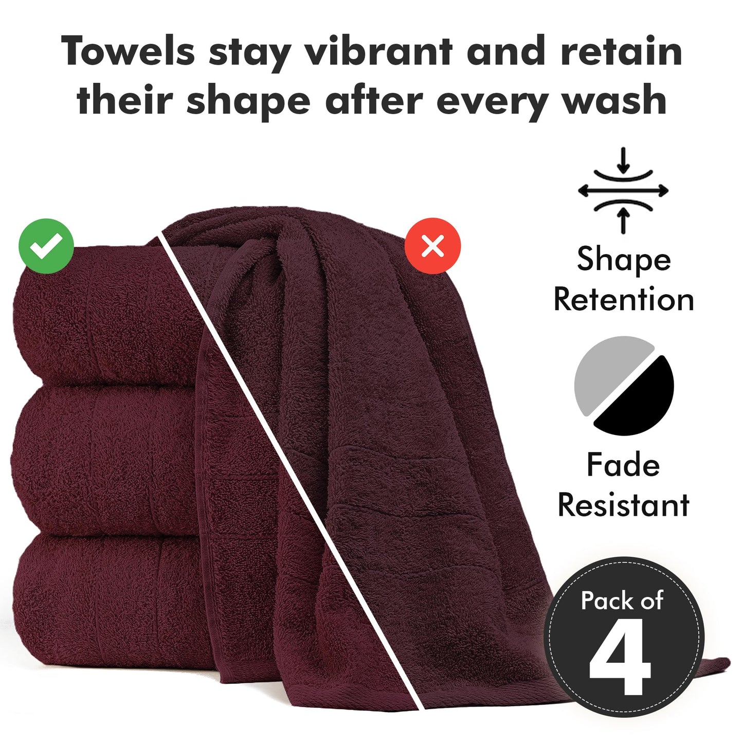 Novo Home Bath Towels Set of 4 – 100% Cotton Burgundy Extra Large Towels for Bathroom, Spa Use (55x28 in) – Super Soft and Quick Dry Large Bath Sheets for Adults
