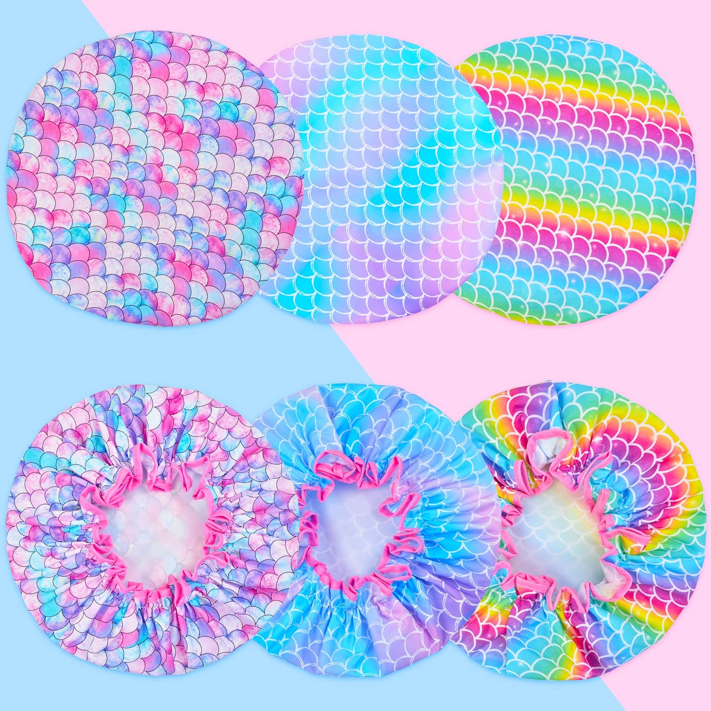 3 Pcs Kids Girls Toddler Shower Cap - Reusable Plastic Rainbow Unicorn Mermaid Hair Cap, Waterproof Adjustable Cute Head Cap for Children and Women