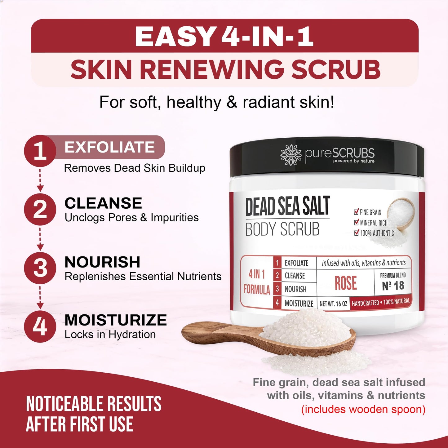 pureSCRUBS Skin Smoothing Rose Dead Sea Salt Exfoliating Body Scrub Set