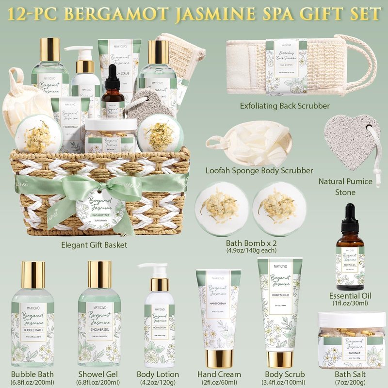 Mothers Day Birthday Gifts for Women, Bergamot Jasmine Relaxing Spa Gift Baskets for Women Self Care Package Bath Gift Set, Home Bath and Body Kit Pampering Gifts for Womens Her Mom Friend Sister Wife