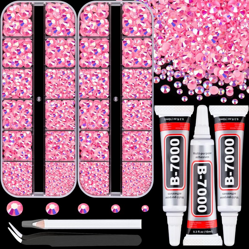 Resin Rhinestones for Crafting - 2 Boxes Pink AB Flatback Gems with 3Pcs 10ml B7000 Jewelry Glue | Ideal for DIY Nail Art & Bedazzling Projects