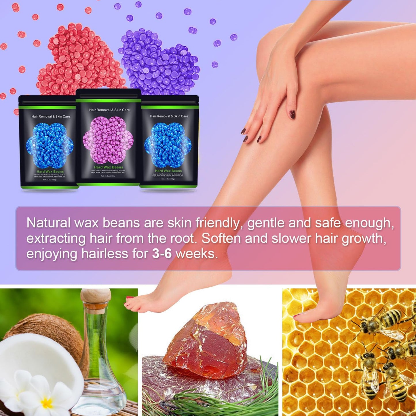 Wax Beads for Hair Removal 10.5oz (300g), Auperwel Hard Wax Beads Beans for Sensitive Skin Brazilian Waxing, Face, Bikini, Eyebrow, Legs, Painless for Women Men, 3 packs Kit with 10 Sticks