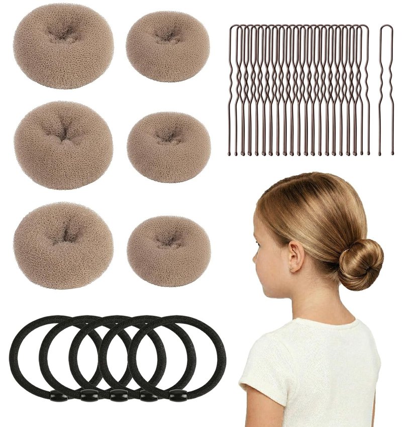Hair Donut Bun Maker Set - 6 Pcs Firm Hold Bun Shaper Rings for Women | 2 Sizes (Small & Medium) + 5 Hair Ties & 20 U Pins - Tan Brown