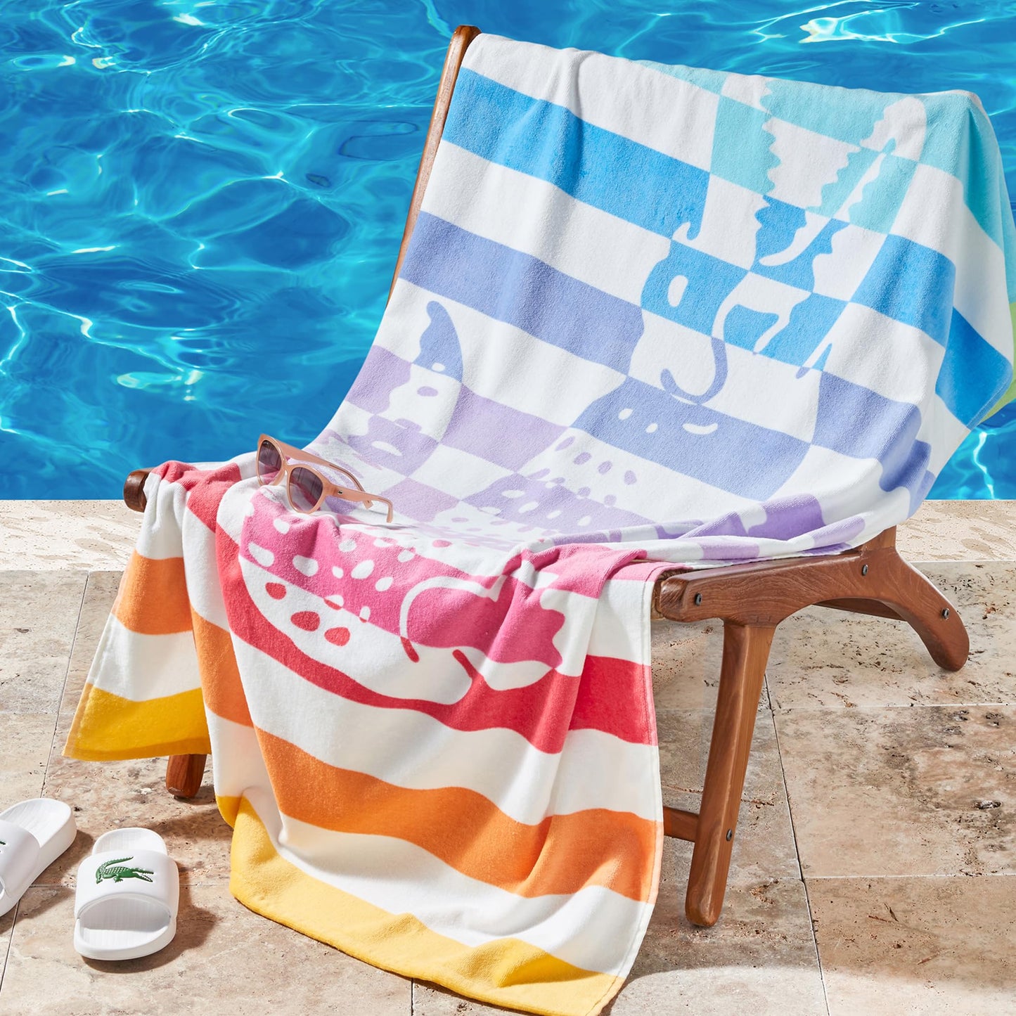 Lacoste 100% Cotton Large Beach Towel, Ultra-Absorbent & Fast-Drying, Machine Washable, Striped Croc, 36" W x 72" L
