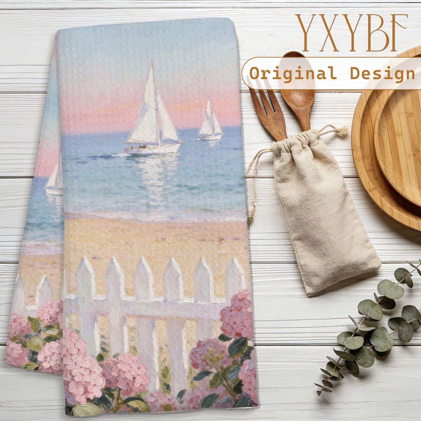 YXYBF Pastel Coastal Nautical Hand Dish Tea Towels for Kitchen Bathroom Beach House Decor 16x24 Inches, Pink Hydrangea Floral Coastal Beach Kitchen Towels Decorative