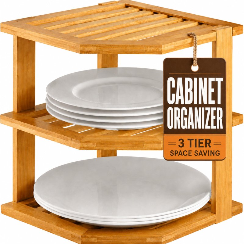 Bambüsi Plate Organizer for Cabinet - 3 Tier Bamboo Corner Shelf Cabinet Organizer for Plates Bowls Mugs Cups, Kitchen Organization, Space Saving Countertop Shelf, Small Spaces, 10 x 10 x 9.5 Inch