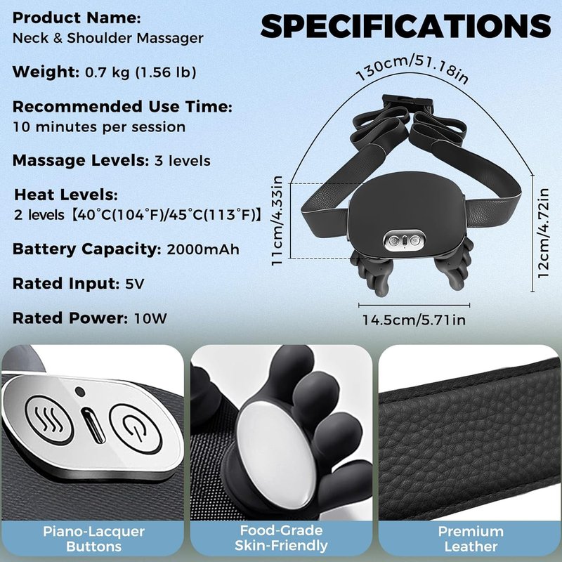 4D Bionic Heated Neck Massager - Real Palm Massage Simulation, 3 Intensity Levels | Relax Muscle Tension