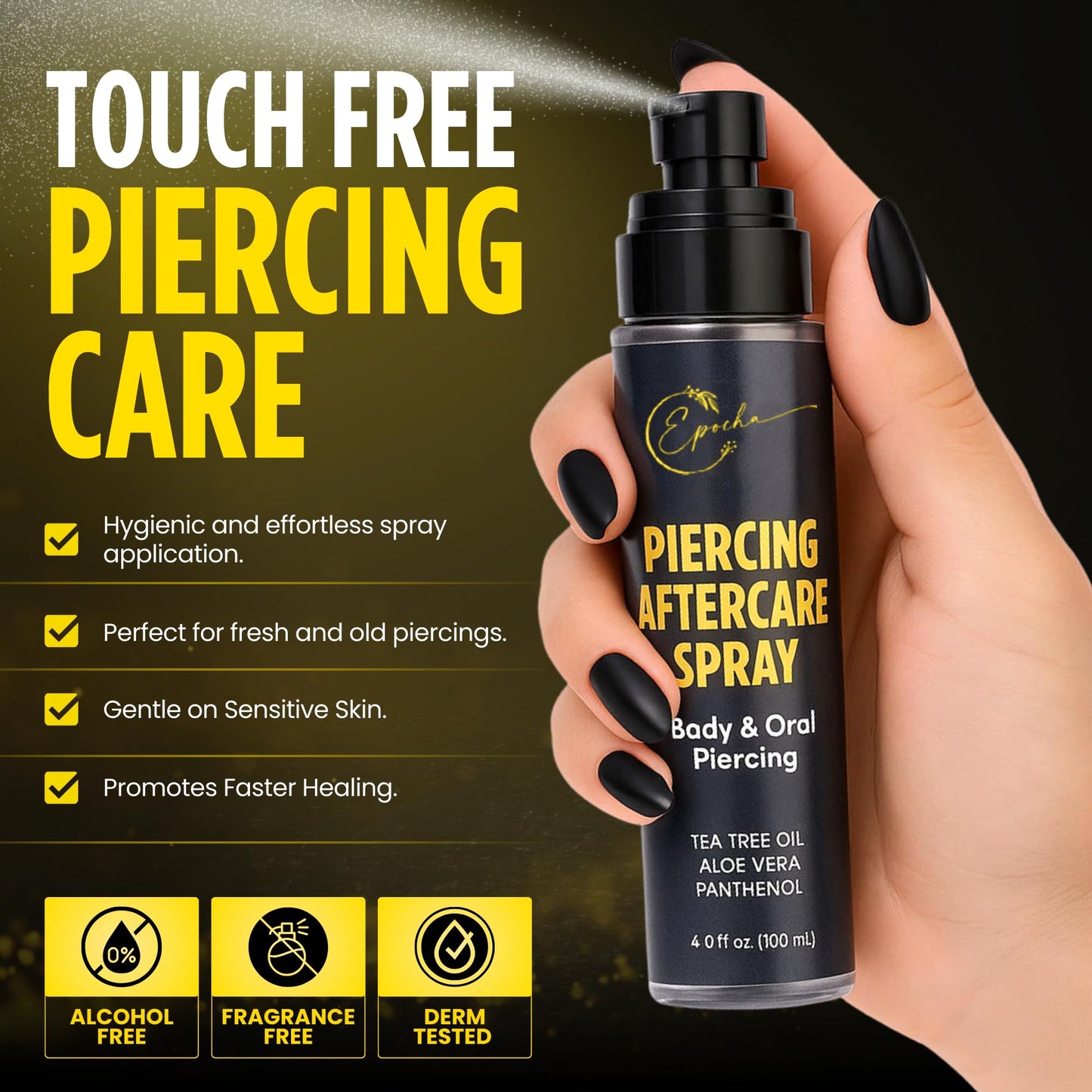 Epocha 4oz Piercing Aftercare Spray with Panthenol & Tea Tree Oil –Saline Solution for Piercings | Piercing Bump Solution & Keloid Bump Removal for Ears, Belly, Nose –Aftercare for New & Old Piercings