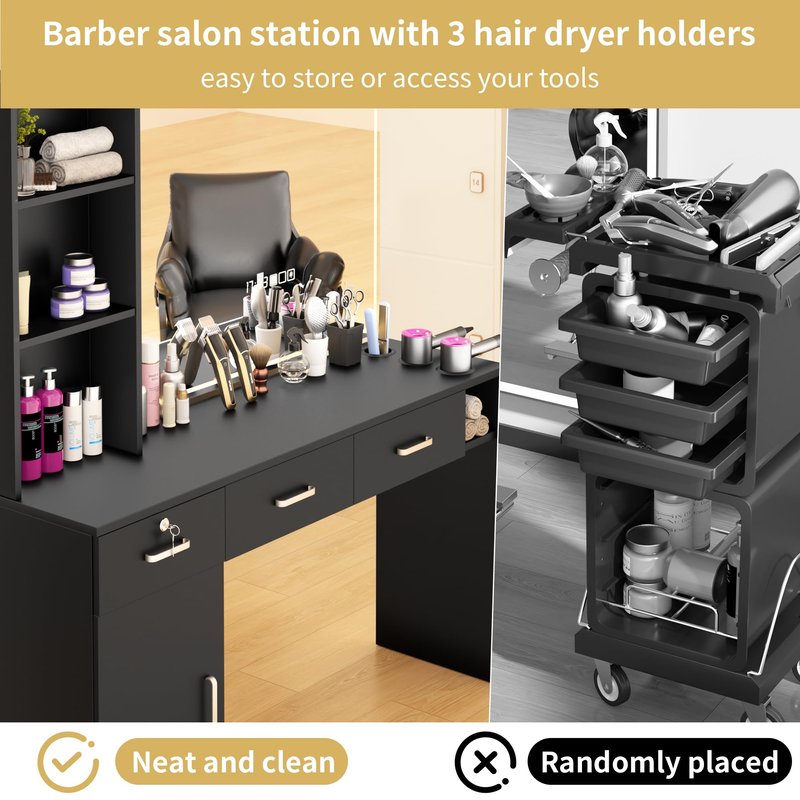 Barber Salon Station for Hair Stylist, Salon Wall Mount Station with Barber Cabinet and Barber Desk, Hair Salon Stations Equipment with Holders, Drawers, Beauty Station Without Mirror