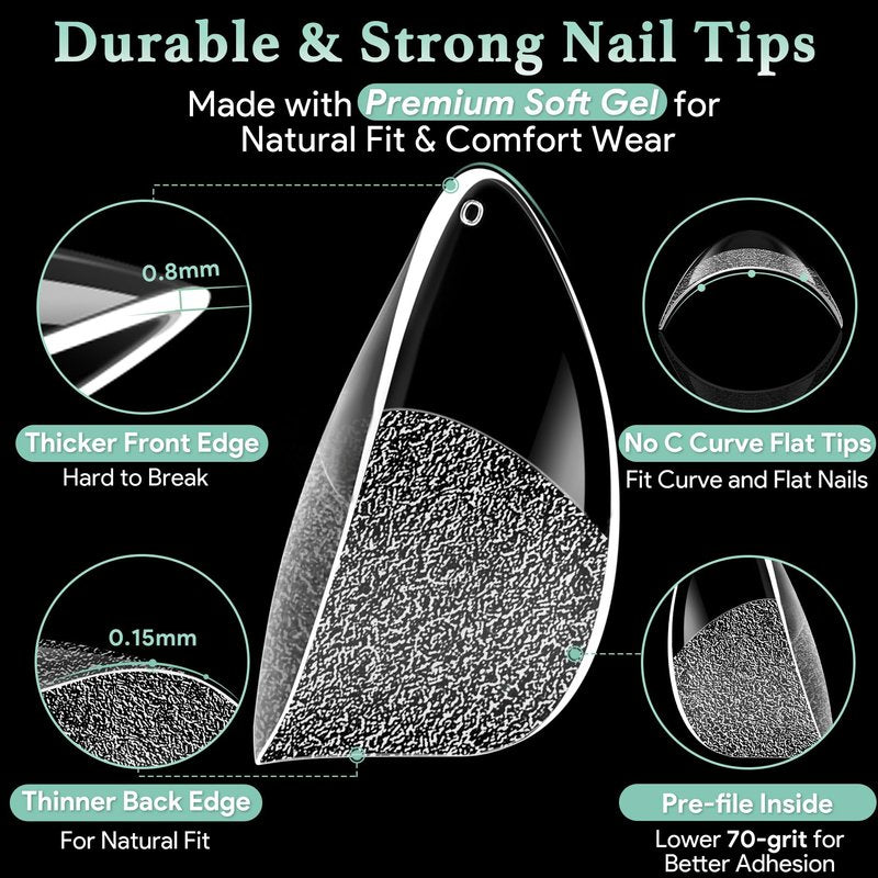 Leykosh Extra Short Almond Nail Tips - 15 Sizes 330PCS Soft Gel Fake Nails, Half Matte Full Cover Pre-Shaped Clear Press On Acrylic Nails No C Curve for Extension, DIY Home Manicure Beauty Gifts