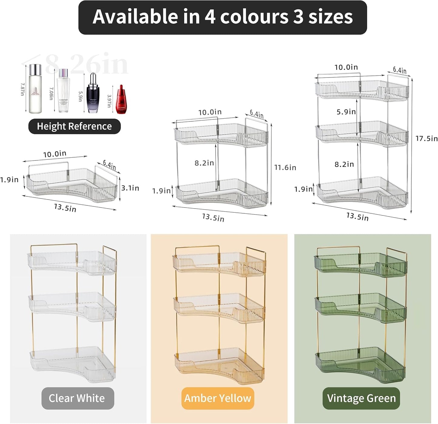 YCIA&DONE Corner Bathroom Counter Organizer - 3-Tier Makeup & Skincare Tray | Smoky Gray Storage Solution