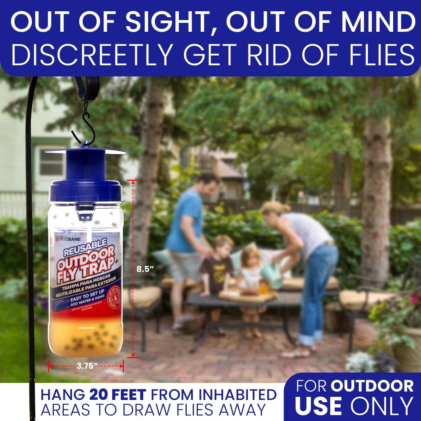 Fly Trap Outdoor Fly Traps for Patio with 2 Non-Toxic Dissolvable Bait Refills. Reusable Hanging Bug Catcher Killer for All Filth Flies for Outside Bug Control Yard Ranch. Hanging Chains Included.