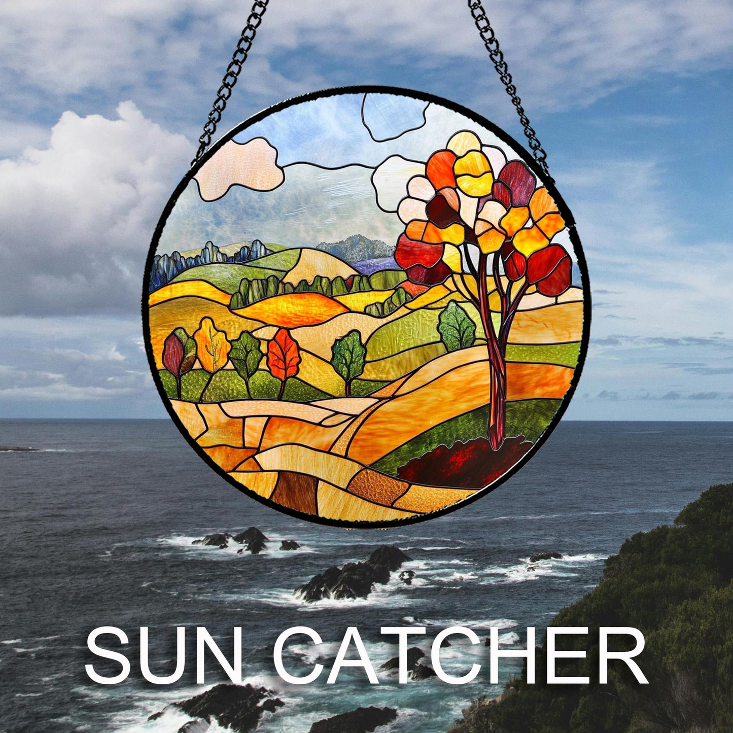 QZQCBLC Stained Glass Window Hanging Orange Mountains Trees Farm Landscape 6.3" - Suncatcher Door Garden Sun Catcher Home Decor Birthday Christmas for Mom Men Woman Friend