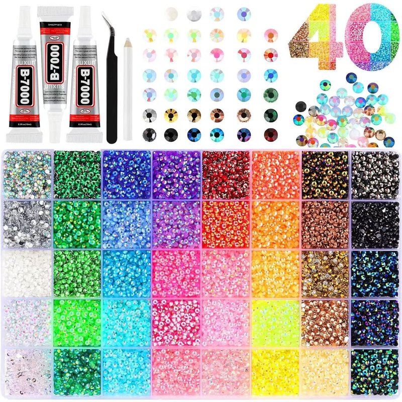 Bedazzler Kit 40 Colors Resin Jelly Rhinestones for Bedazzling, 3mm 40000 Pcs Flatback Gems for Crafting, Bedazzling Kit with 3Pcs B7000 Glue for Clothing Shoes Nail Book Diamond Art Bedazzled Kits