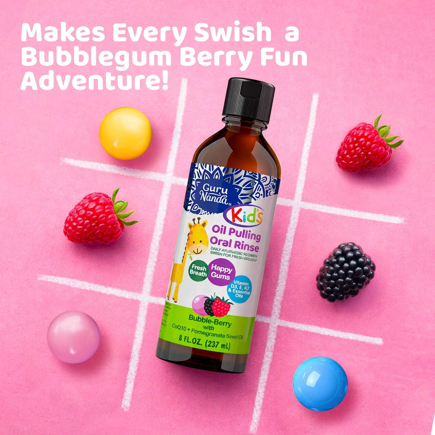 GuruNanda Kids Oil Pulling, Alcohol-Free Mouthwash, Essential Oils & Vitamins for Fresh Breath & Happy Gums for Ages 6 & up, Natural Bubble Berry, 8 Oz