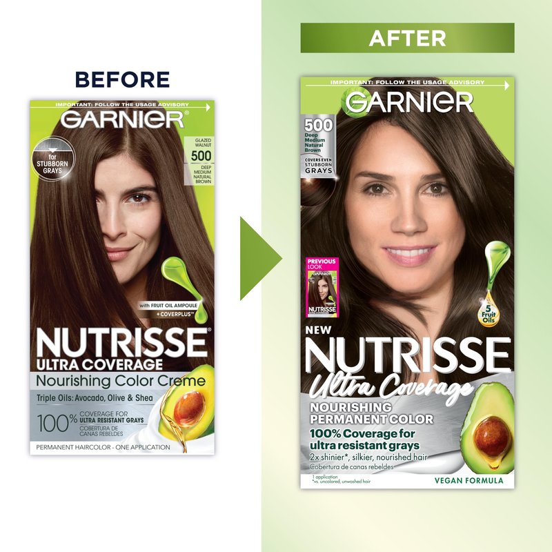 Garnier Nutrisse Ultra Coverage Hair Color, Permanent Hair Dye for Up to 8 Weeks of Stubborn Gray Coverage, Vegan & Cruelty-Free, 500 Deep Medium Natural Brown (Glazed Walnut), 1 Count